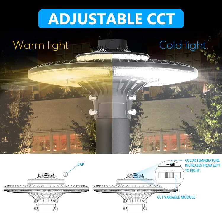 LED Bahçe Işığı Düzenlenebilir 150W IP65 İçinde Su geçirmez 130lm/W Yuvarlak Siyah Avlu Park Yard Post Top 1